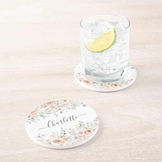 Elegant Monogram Rustikale Rose Blumengrün Getränkeuntersetzer (Seite)