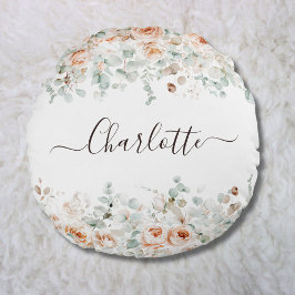 Elegant Monogram Rustikale Rose Blumengrün Rundes Kissen