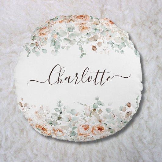 Elegant Monogram Rustikale Rose Blumengrün Rundes Kissen