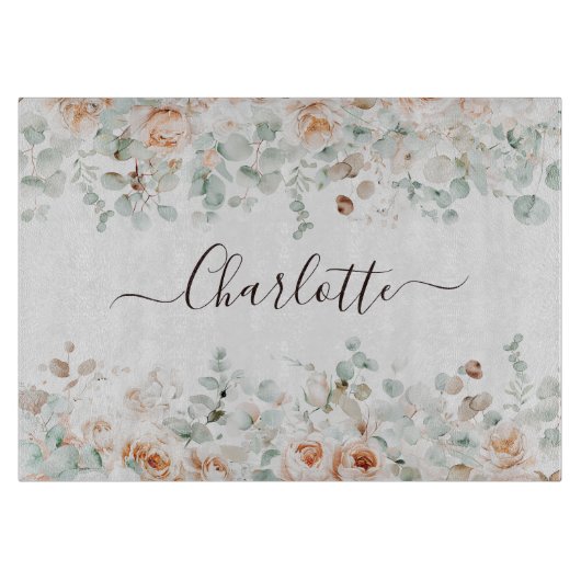 Elegant Monogram Rustikale Rose Blumengrün Schneidebrett (Vorderseite)