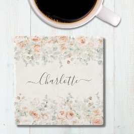 Elegant Monogram Rustikale Rose Blumengrün Steinuntersetzer