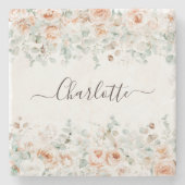 Elegant Monogram Rustikale Rose Blumengrün Steinuntersetzer (Vorderseite)