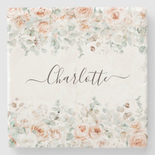 Elegant Monogram Rustikale Rose Blumengrün Steinuntersetzer (Vorderseite)