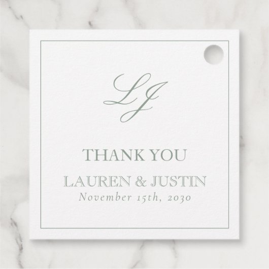 Elegant Monogram Sage Green Danke Hochzeit Geschenkanhänger (Rückseite)