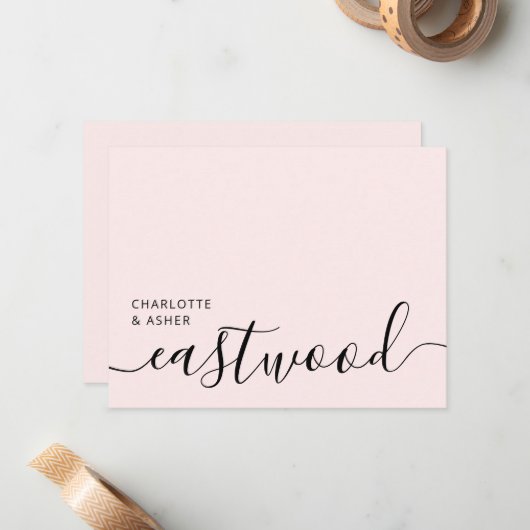 Elegant Monogram Script Blush Pink Mitteilungskarte (Vorderseite/Rückseite Beispiel)