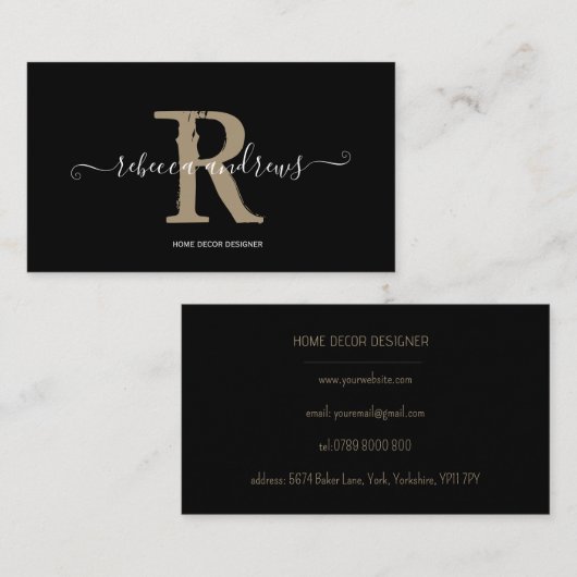 Elegant Monogram Script Name Initial Black Visitenkarte (Vorne/Hinten)