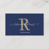 Elegant Monogram Script Name Initial Navy Gold Visitenkarte (Vorderseite)