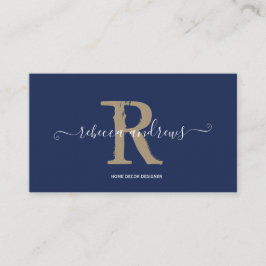 Elegant Monogram Script Name Initial Navy Gold Visitenkarte