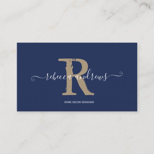 Elegant Monogram Script Name Initial Navy Gold Visitenkarte (Vorderseite)