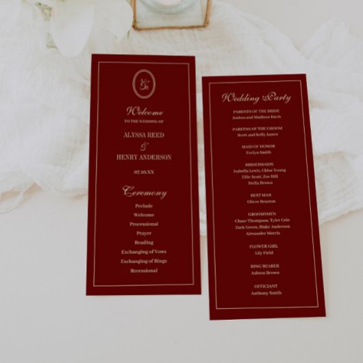 Elegant Monogram Script Wine Red Wedding Ceremony Programm