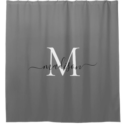 Elegant Monogram Silver Gray Black Script Name Duschvorhang (Vorderseite)