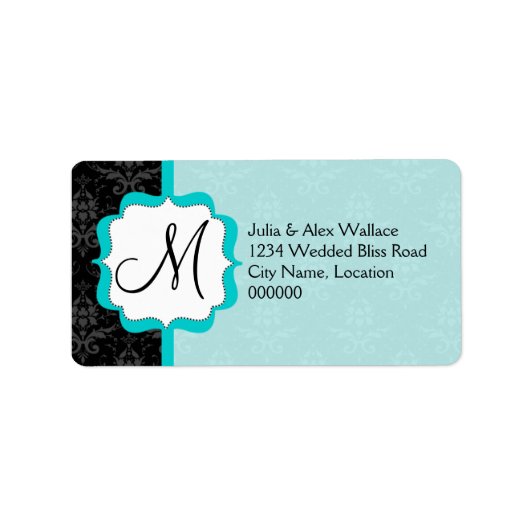 Elegant Monogram Turquoise Damask Adressaufkleber (Vorne)