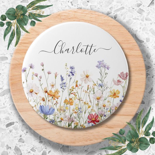 Elegant Monogram Watercolor Colorful Wildflower Button