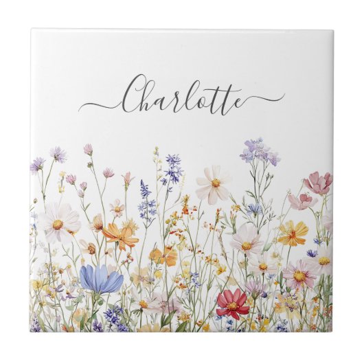 Elegant Monogram Watercolor Colorful Wildflower Fliese (Vorderseite)