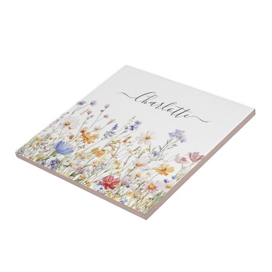 Elegant Monogram Watercolor Colorful Wildflower Fliese (Seite)