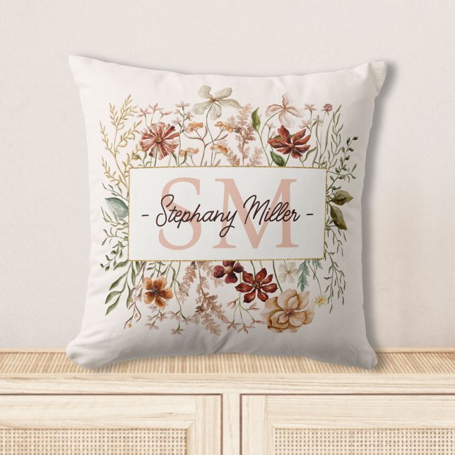 Elegant Monogram Watercolor Fall Wildflower Floral Kissen (In situ)