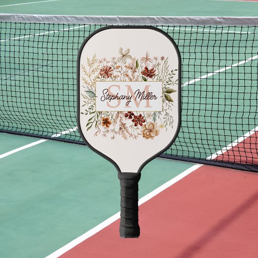 Elegant Monogram Watercolor Fall Wildflower Floral Pickleball Schläger