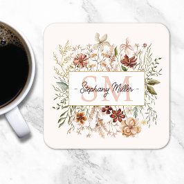 Elegant Monogram Watercolor Fall Wildflower Floral Rechteckiger Pappuntersetzer