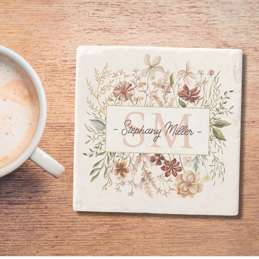 Elegant Monogram Watercolor Fall Wildflower Floral Steinuntersetzer