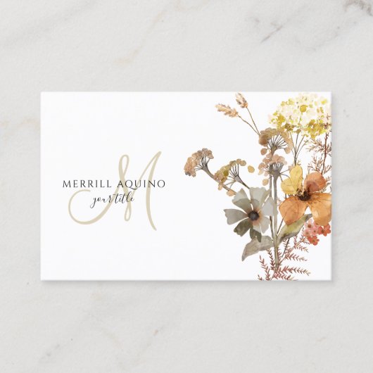 Elegant Monogram Watercolor Wildflowers Visitenkarte (Vorderseite)