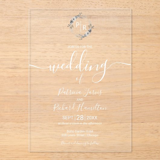 Elegant Monogram Wedding Acryleinladungen (Vorderseite)