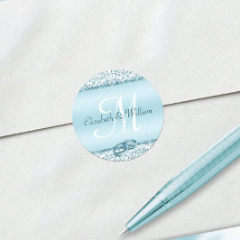 Elegant Monogram Wedding Blue Metallic Runder Aufkleber