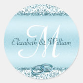 Elegant Monogram Wedding Blue Metallic Runder Aufkleber (Vorderseite)