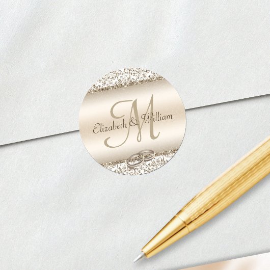 Elegant Monogram Wedding Champagne Metallic Runder Aufkleber