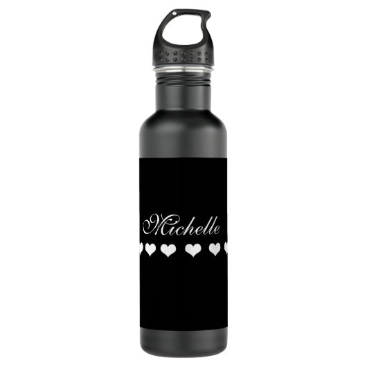 Elegant Monogram White Hearts Black Edelstahlflasche (Vorderseite)