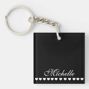 Elegant Monogram White Hearts Black Schlüsselanhänger