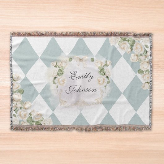 Elegant Monogram White Roses Green Leaves Diamond Decke