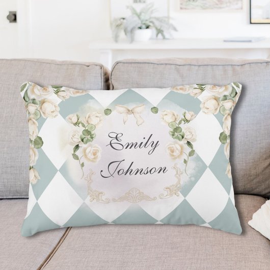 Elegant Monogram White Roses Green Leaves Diamond Dekokissen