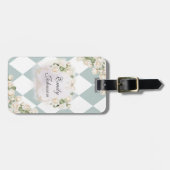 Elegant Monogram White Roses Green Leaves Diamond Gepäckanhänger (Vorderseite horizontal)