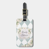 Elegant Monogram White Roses Green Leaves Diamond Gepäckanhänger (Vorderseite vertikal)