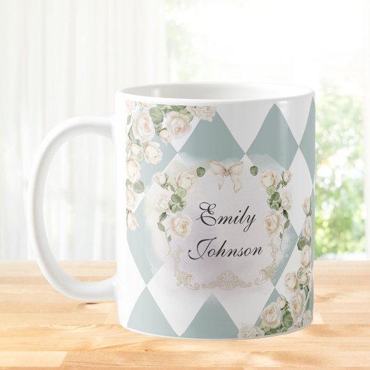 Elegant Monogram White Roses Green Leaves Diamond Kaffeetasse
