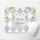 Elegant Monogram White Roses Green Leaves Diamond Mousepad (Mit Mouse)