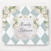 Elegant Monogram White Roses Green Leaves Diamond Mousepad (Vorne)