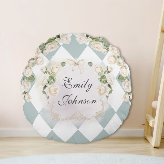 Elegant Monogram White Roses Green Leaves Diamond Rundes Kissen