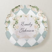 Elegant Monogram White Roses Green Leaves Diamond Rundes Kissen (Vorderseite)