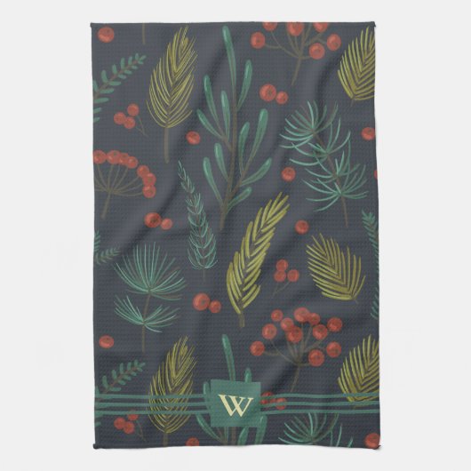 Elegant Monogram Winter Botanical Geschirrtuch (Vertikal)