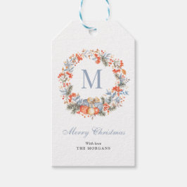 Elegant Monogram Wreath Dusty Blue Christmas Geschenkanhänger