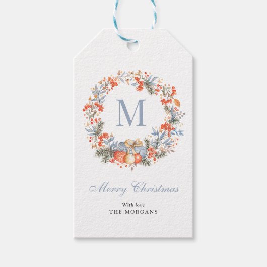 Elegant Monogram Wreath Dusty Blue Christmas Geschenkanhänger (Vorderseite)