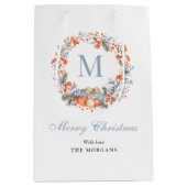 Elegant Monogram Wreath Dusty Blue Christmas Mittlere Geschenktüte (Vorderseite)