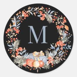 Elegant Monogram Wreath Dusty Blue Modern Runder Aufkleber