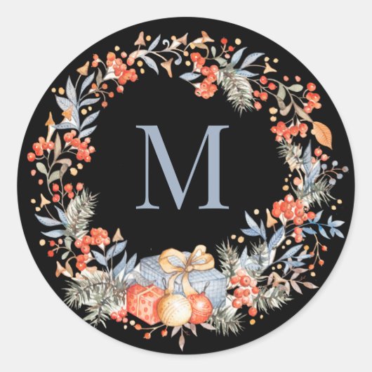 Elegant Monogram Wreath Dusty Blue Modern Runder Aufkleber (Vorderseite)