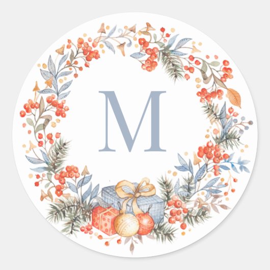 Elegant Monogram Wreath Dusty Blue Modern Runder Aufkleber (Vorderseite)