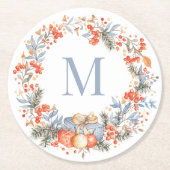 Elegant Monogram Wreath Dusty Blue Modern Runder Pappuntersetzer (Vorderseite)