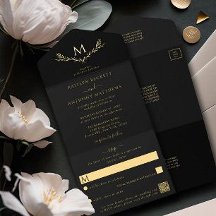 Elegant Monogram Wreath Wedding Real Foil gepresst All-in-One-Einladung