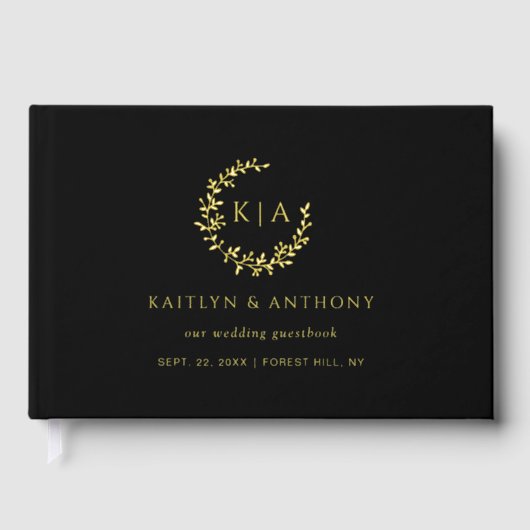 Elegant Monogram Wreath Wedding Real Gästebuch (Vorderseite)