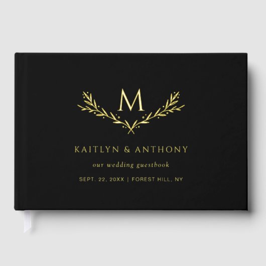 Elegant Monogram Wreath Wedding Real Gästebuch (Vorderseite)
